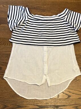 Off shoulder Navy and White Striped Layered Short Sleeve Blouse 206